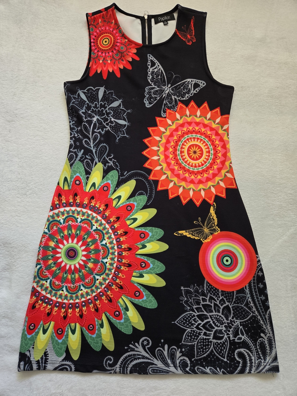 Papillon Blanc Black Fit & Flare Dress with Vibrant Floral Medallions